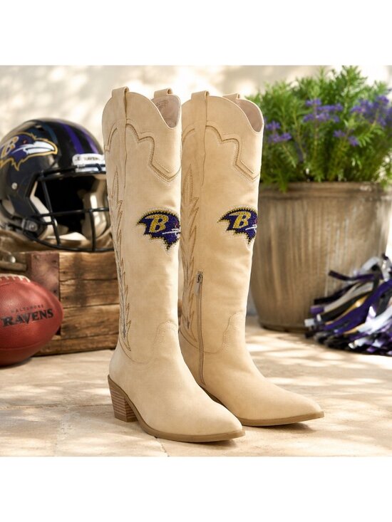 NFL Shoes - Baltimore Ravens Womens Cowboy Boots Size 8 Beige NFL Rhinestone Logo Western